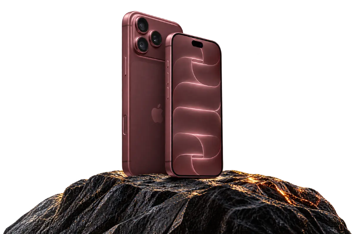 Bordo rəngli iPhone 18 Pro seriyası, işıqlı qaya üzərində ön və arxa görünüş